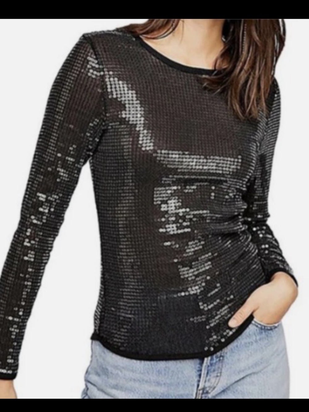 FP Intimately Diamond Eyes Sequin Long Sleeve Top in Black sz L NWT $78R